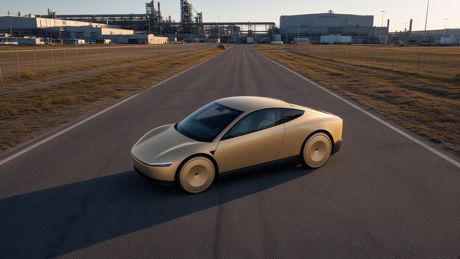 Aerial view of a champagne-gold Cybercab on a factory access road