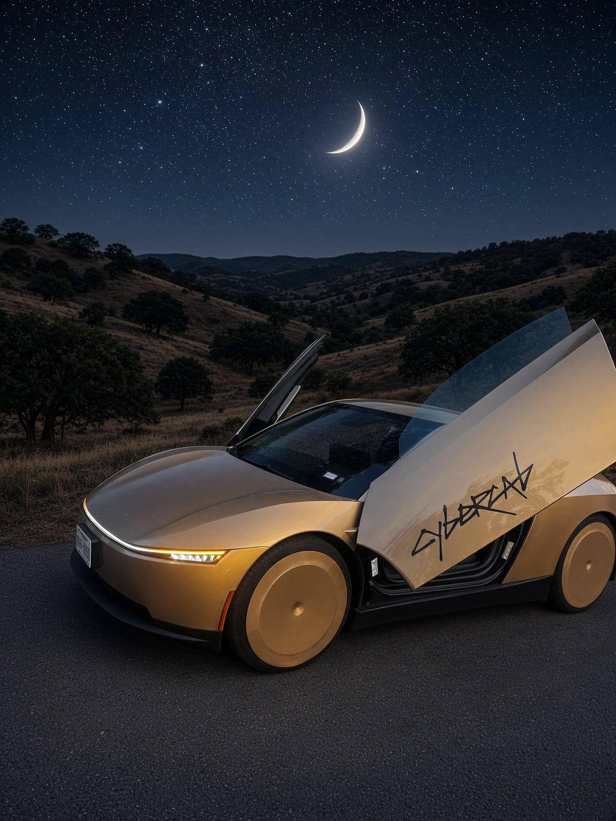 Gold Cybercab on an Austin-area road at night with butterfly doors open.