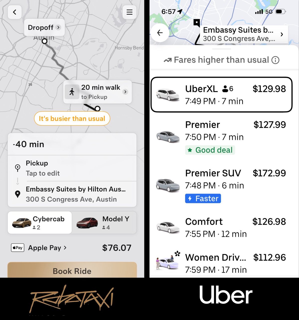 Fare screens for the trip from Circuit of the Americas to downtown Austin after the race, Tesla Robotaxi against Uber. Screenshots via @niccruzpatane / X