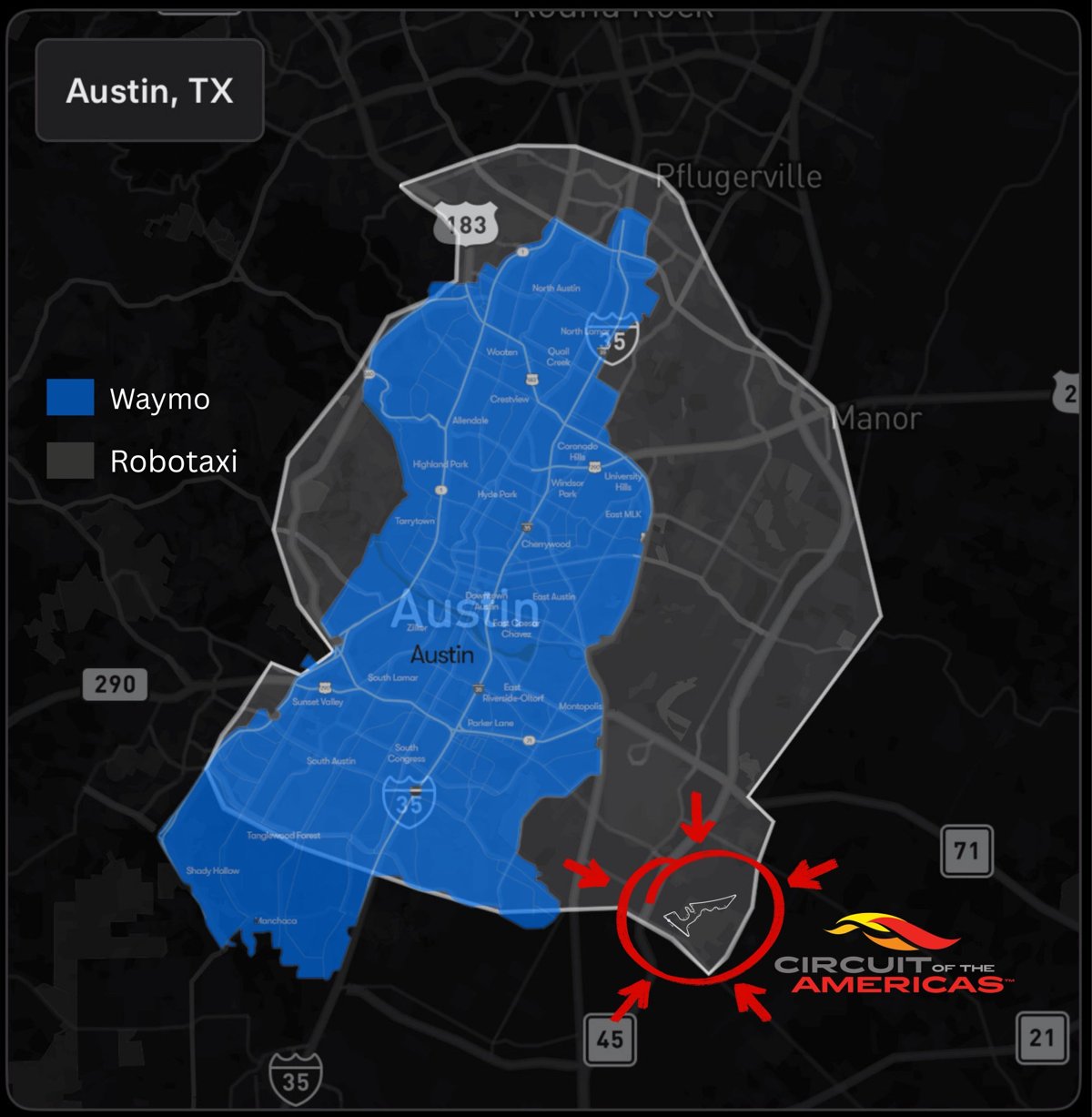 Tesla Robotaxi and Waymo service areas in Austin, with Circuit of the Americas marked. Map via @niccruzpatane / X