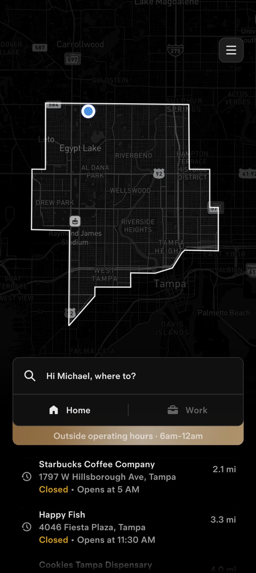 The Robotaxi app in Tampa showing hours of 6am-12am. Screenshot via @TampaTerpy / X
