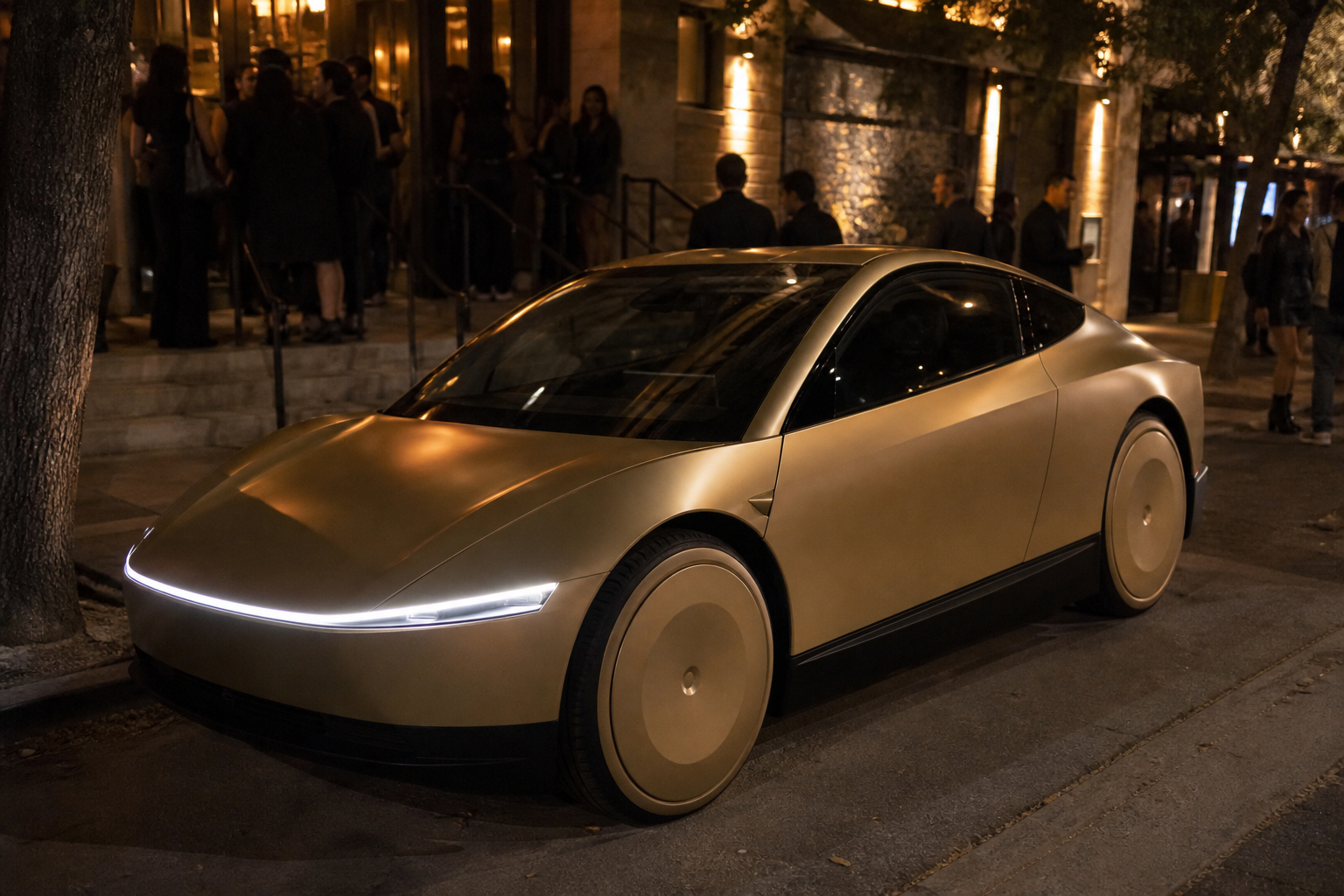A gold Cybercab parked at night on a sidewalk outside a venue, light bar on, guests gathered on the steps behind it
