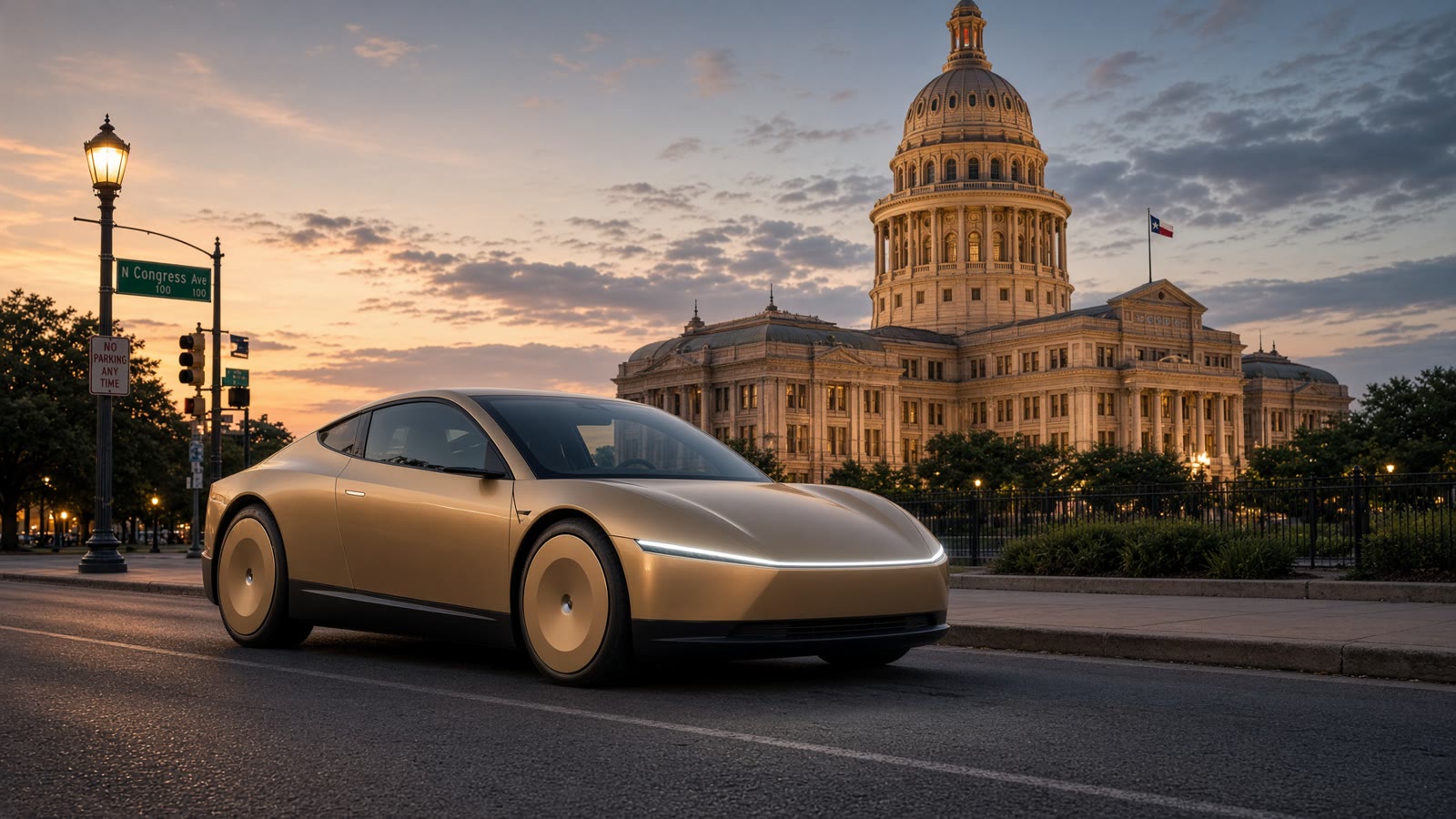 Texas Capitol at dusk with a Cybercab parked on the street in the foreground