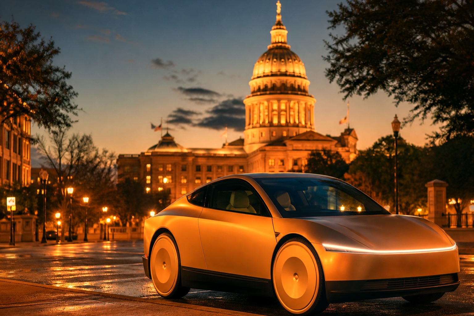 A gold Cybercab on wet pavement in front of the Texas Capitol at dusk