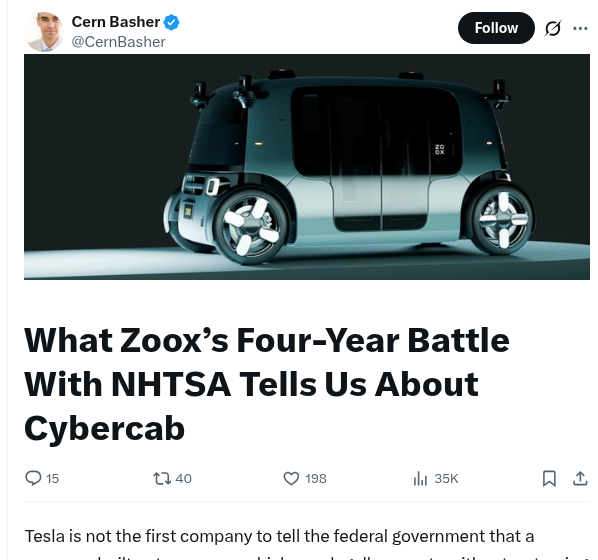 Cern Basher on X: What Zoox’s Four-Year Battle With NHTSA Tells Us About Cybercab