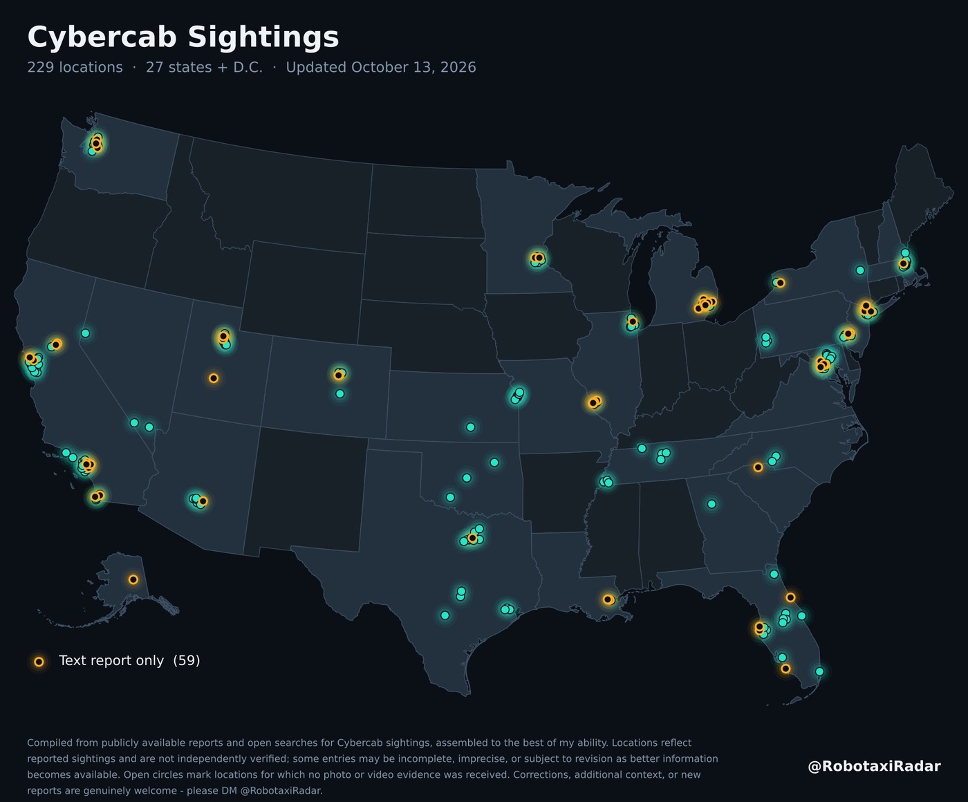 Robotaxi Radar's running map of reported Cybercab sightings: 229 locations in 27 states plus D.C., updated Oct. 13. Map via @RobotaxiRadar / X