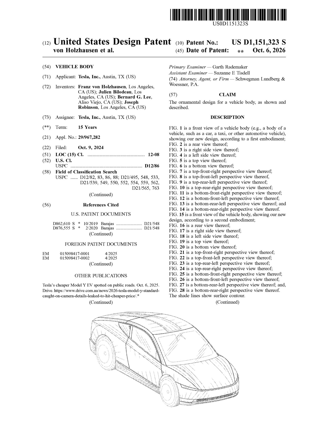 The front page of U.S. design patent D1,151,323 S, granted to Tesla on 6 October 2026. Image: USPTO, shared by @Chansoo / X