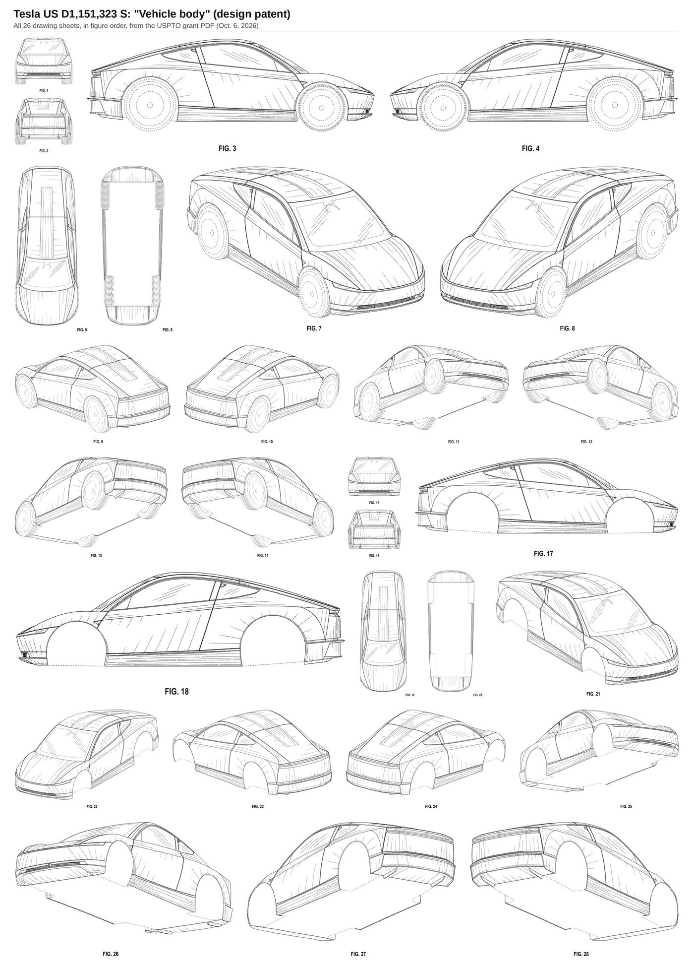 The patent's 28 figures, showing two versions of the vehicle body design. Image: USPTO drawings, compiled by @Chansoo / X