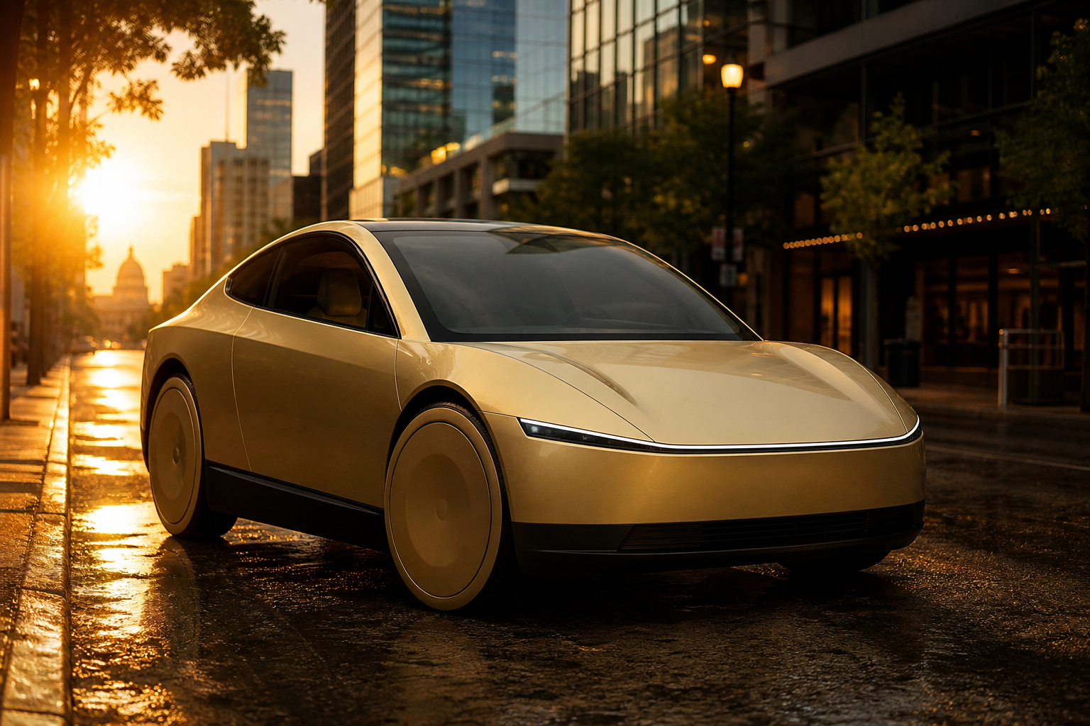 A champagne-gold Cybercab on a wet downtown Austin street at sunset, with the Texas Capitol in the distance