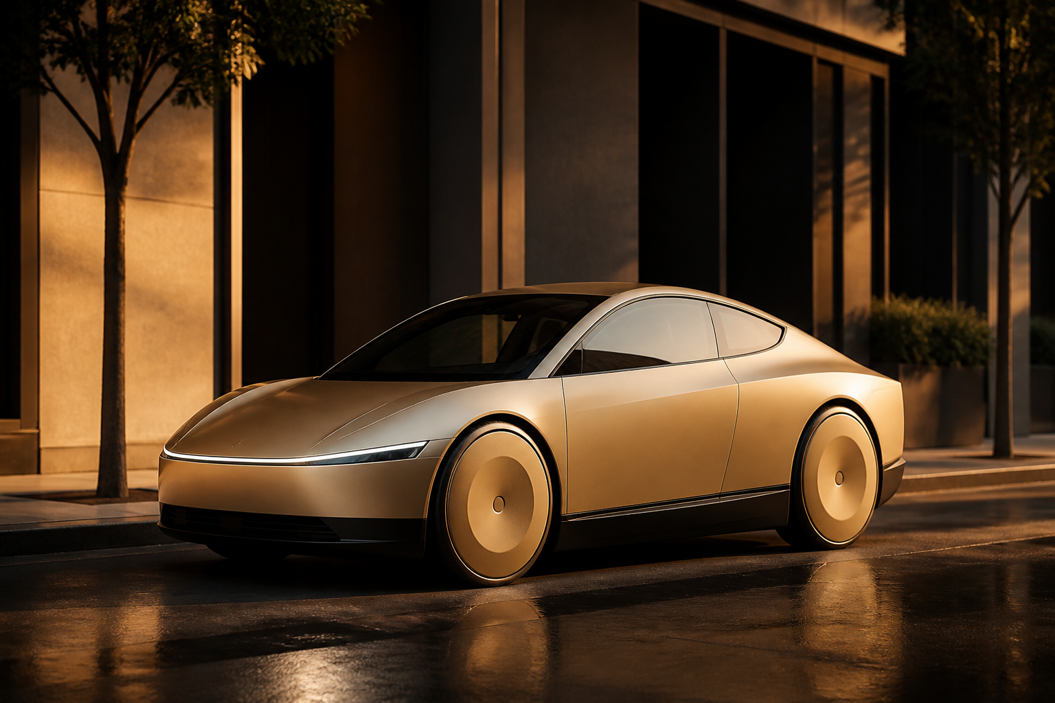 A gold Cybercab at the curb on wet pavement, amber light on a modern building facade