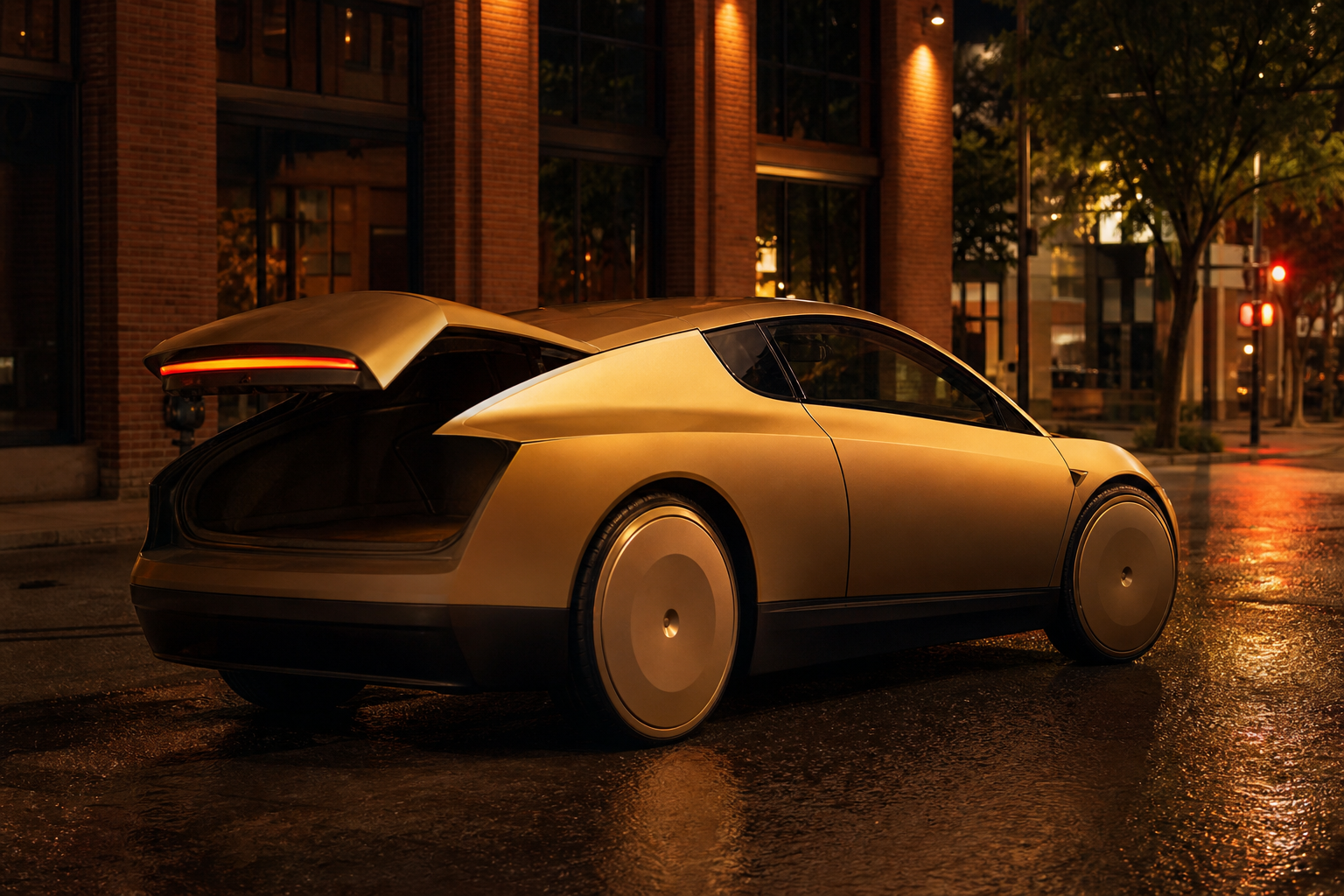 A gold Cybercab parked on a wet downtown street at night with its trunk lid raised