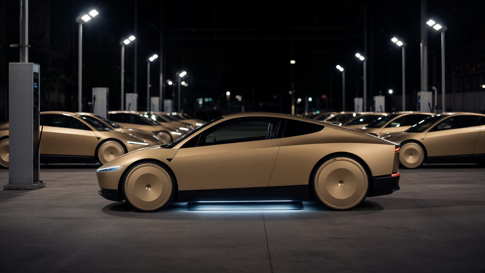 A Cybercab at a night charging depot with other gold robotaxis lined behind it