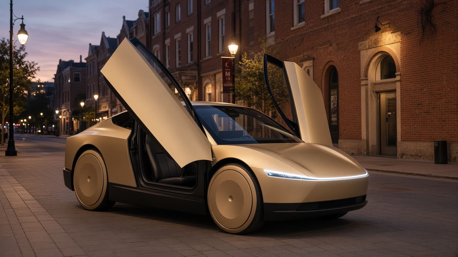 Cybercab with butterfly doors raised on an Austin sidewalk at dusk