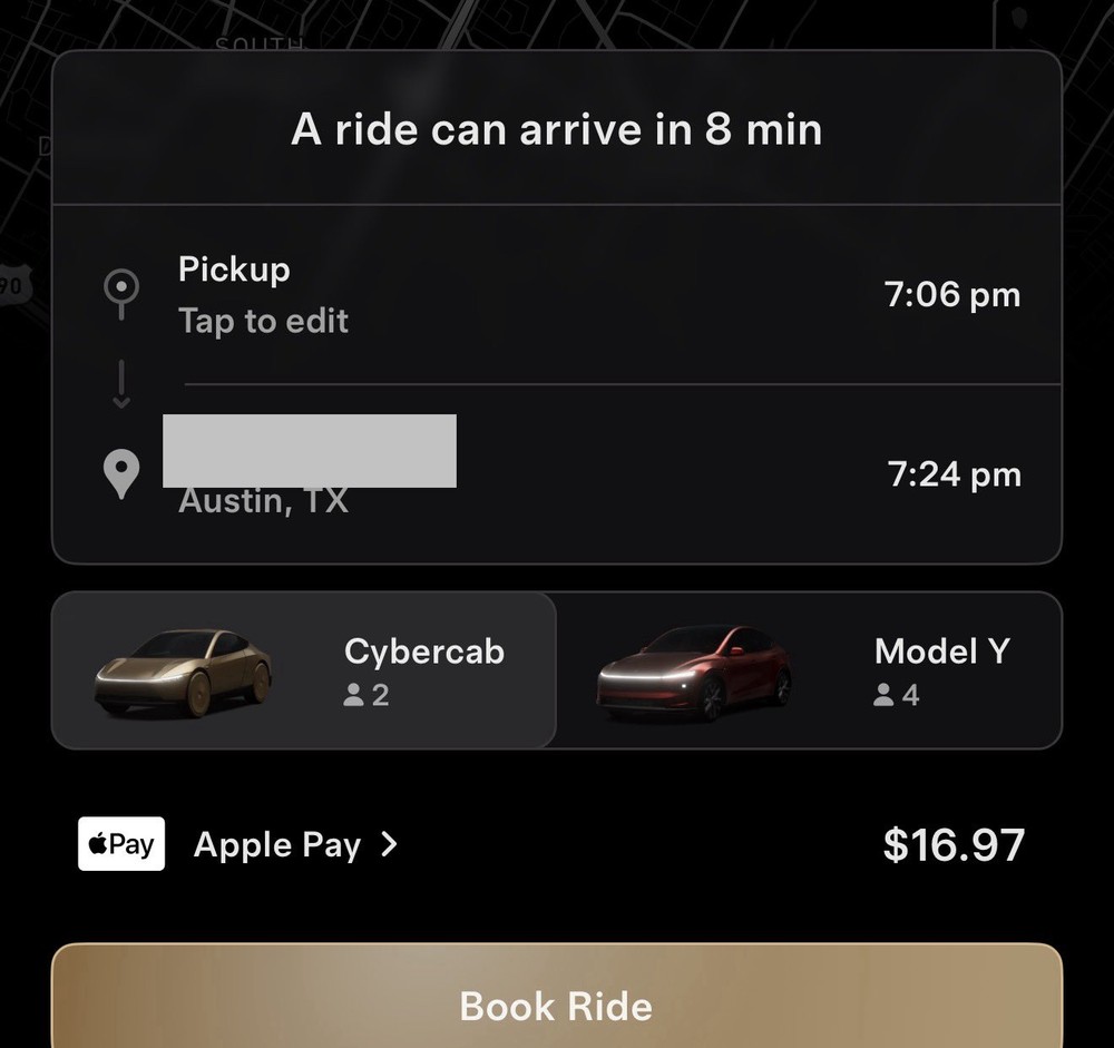 Tesla's Robotaxi app quoting an 8-minute Cybercab wait in downtown Austin on Thursday evening. Screenshot via @SawyerMerritt / X