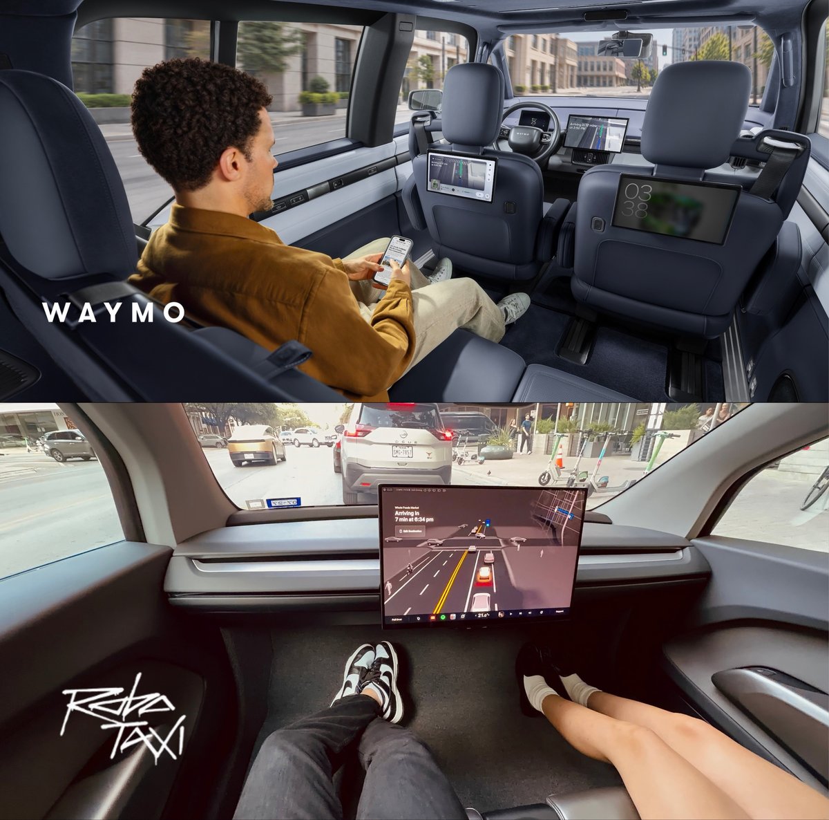 Inside a Waymo, top, and a Tesla Robotaxi, bottom. Image via @niccruzpatane / X