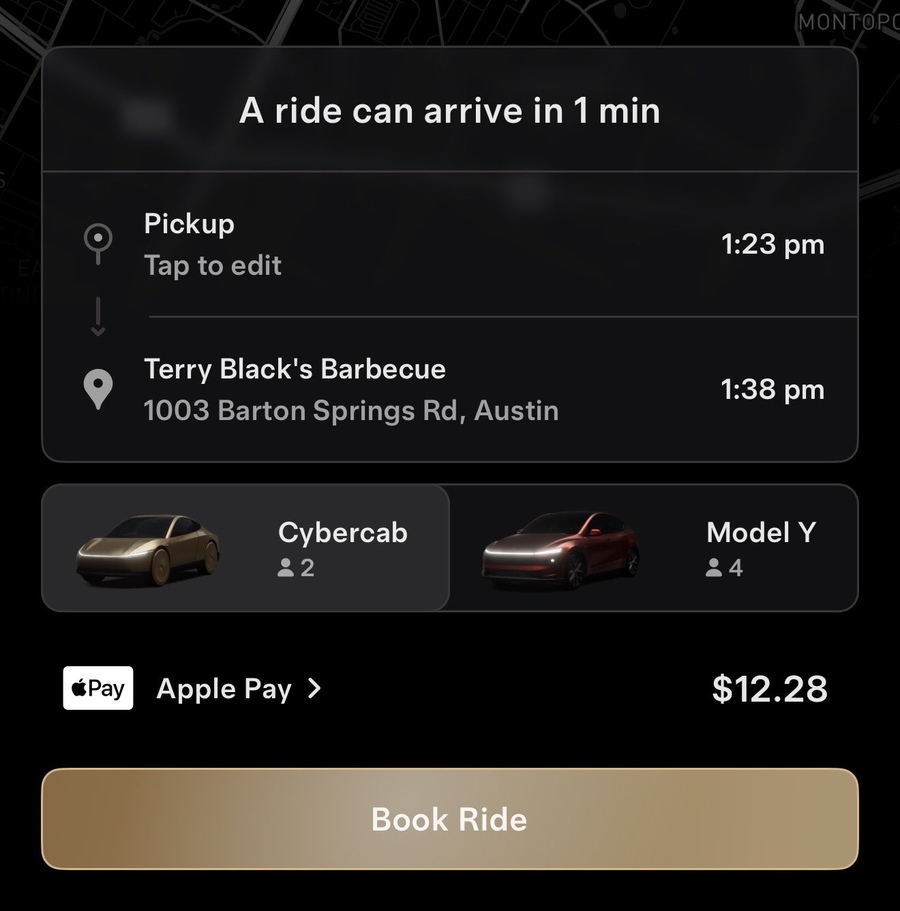 "A ride can arrive in 1 min": a Robotaxi app quote with the Cybercab selected in Austin on Monday. Image via @SawyerMerritt / X