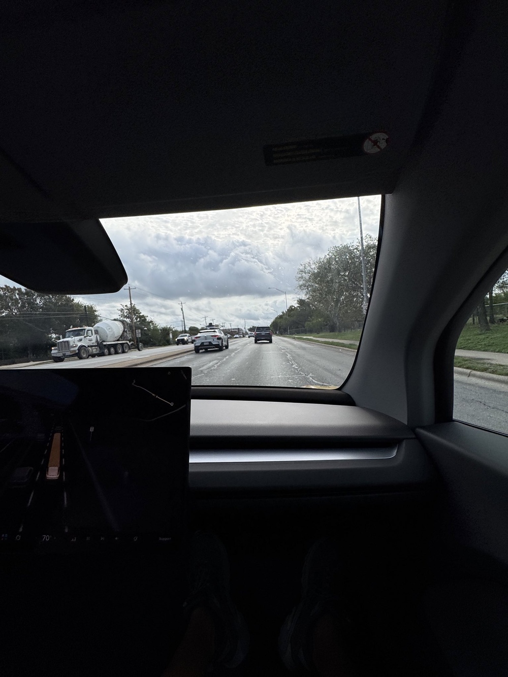 The view from a Cybercab's bench seat on a rider's first trip in Austin. Image via @BigSkyBots / X