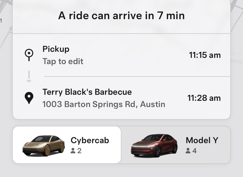 The Robotaxi app's quote for a Cybercab from West Lake Hills to Terry Black's Barbecue on Wednesday. Screenshot via @tyler_warnecke / X