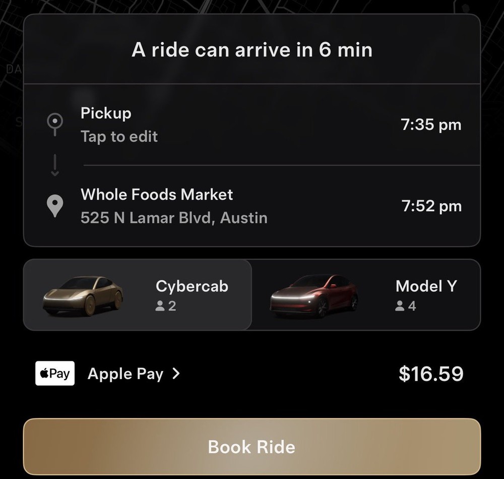 Tesla Robotaxi app quoting a 6-minute Cybercab wait to Whole Foods on North Lamar in Austin on Saturday evening. Screenshot via @SawyerMerritt / X