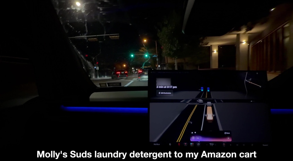 Cybercab cabin at night with Grok active while Sawyer Merritt's bot adds Molly's Suds laundry detergent to an Amazon cart. Still via @SawyerMerritt / X