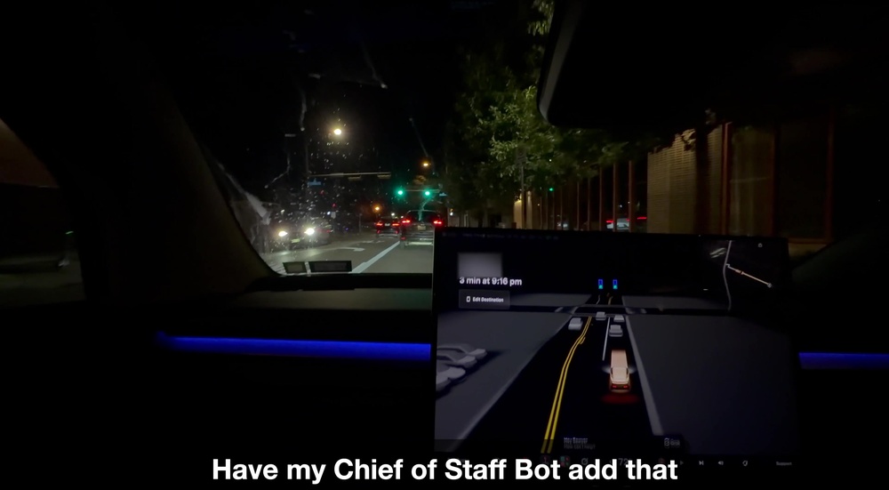 Cabin screen showing a voice prompt to have a Chief of Staff bot add an item during a Cybercab ride. Still via @SawyerMerritt / X