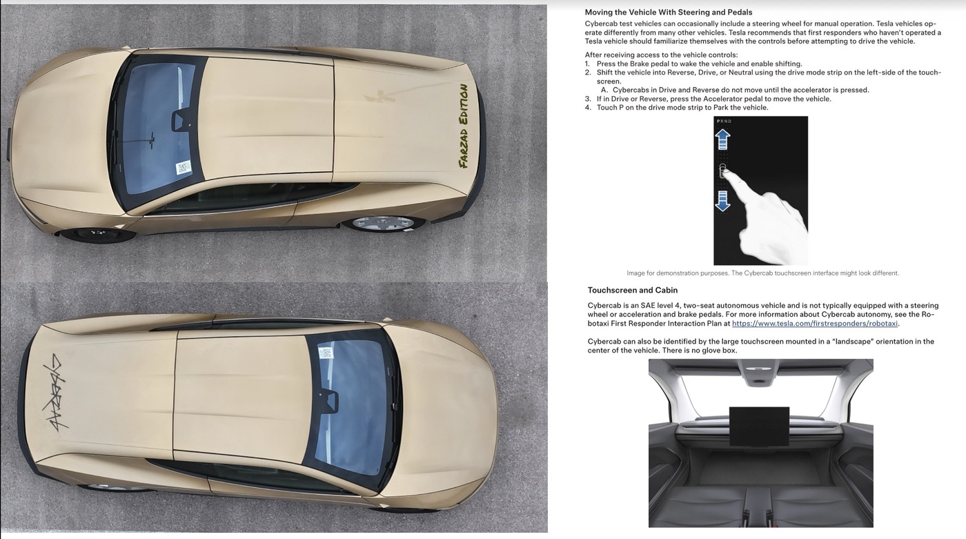 "Cybercab test vehicles can occasionally include a steering wheel for manual operation": a page from Tesla's Cybercab first responder guide, shared beside overhead photos of two Cybercabs. Image via @JoeTegtmeyer / X