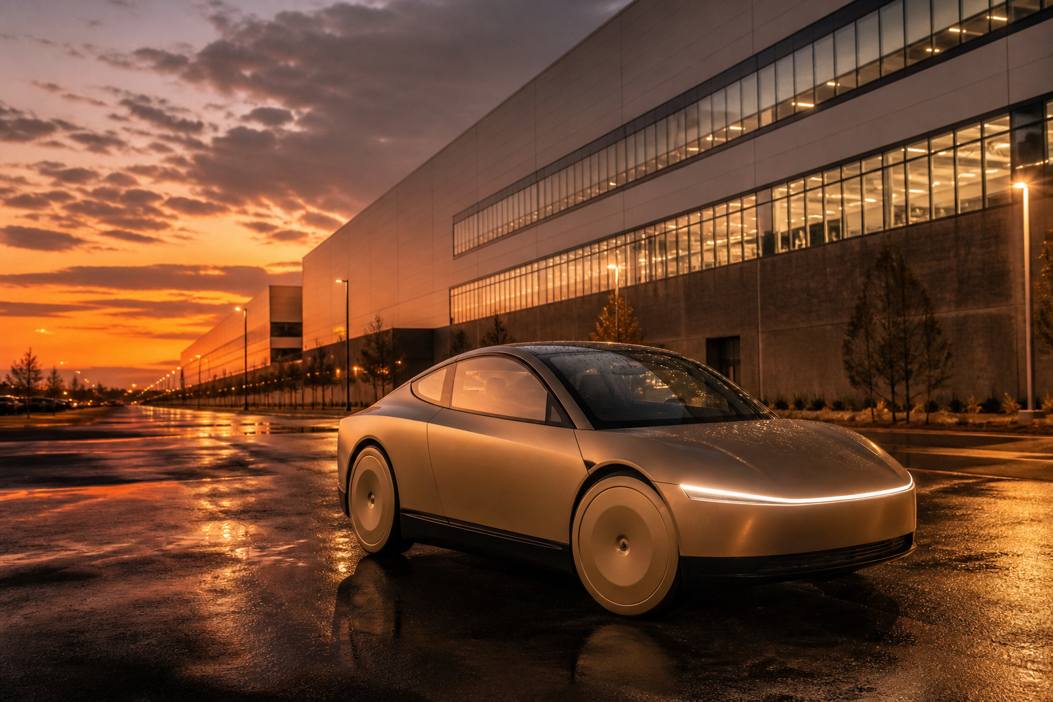 A champagne-gold Tesla Cybercab on wet pavement at sunset beside Gigafactory Texas