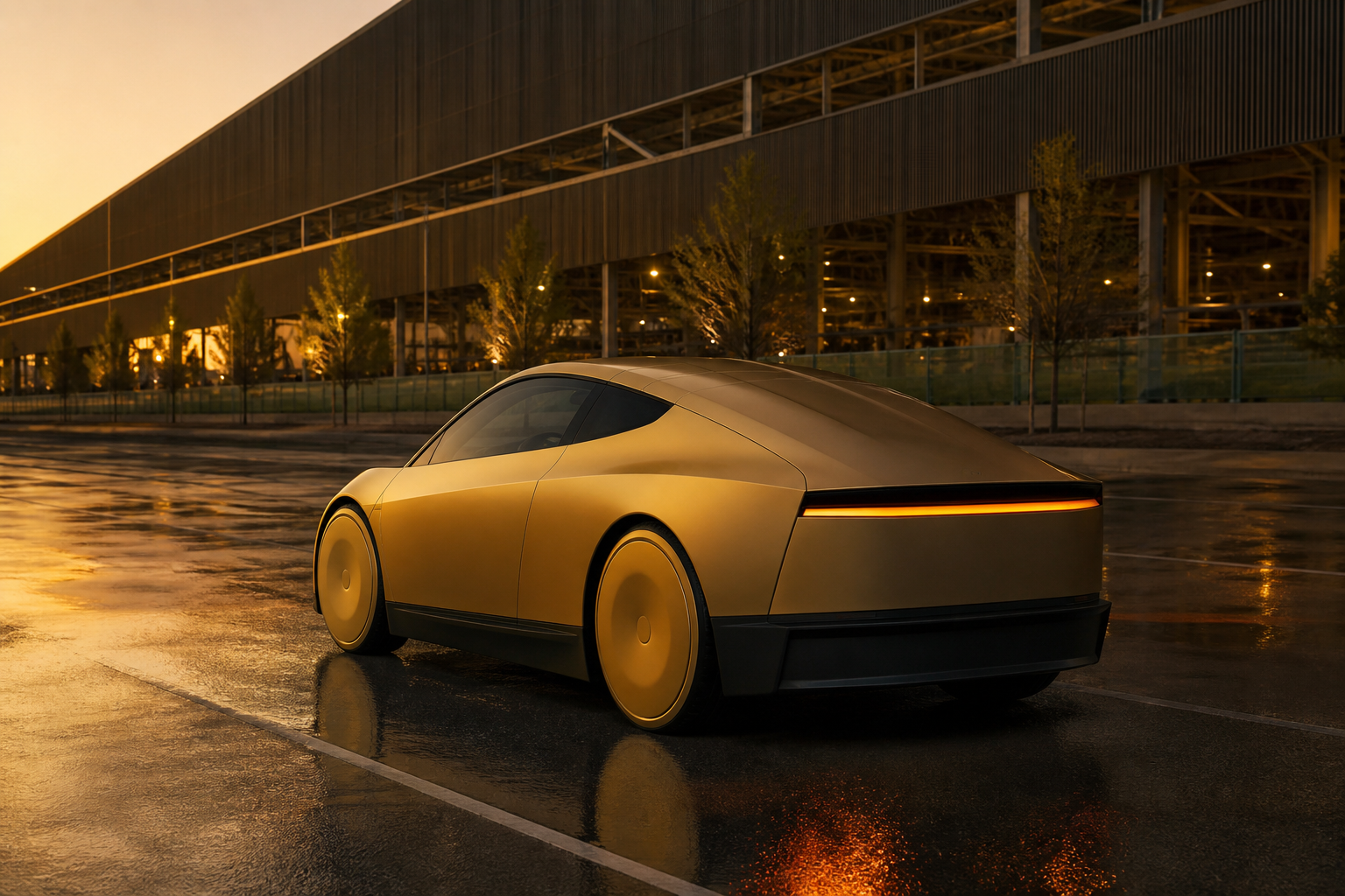 Rear three-quarter view of a gold Cybercab on wet pavement at dusk outside Gigafactory Texas, tail light glowing