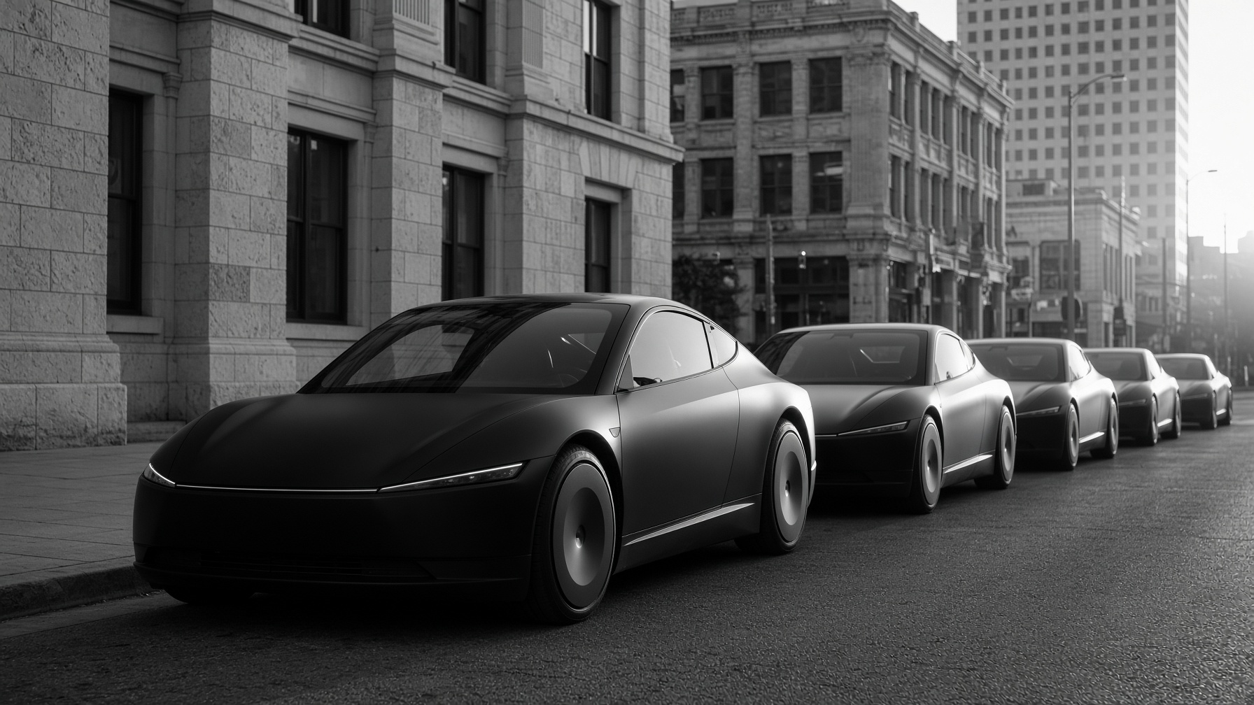 A line of Cybercabs on an Austin street.