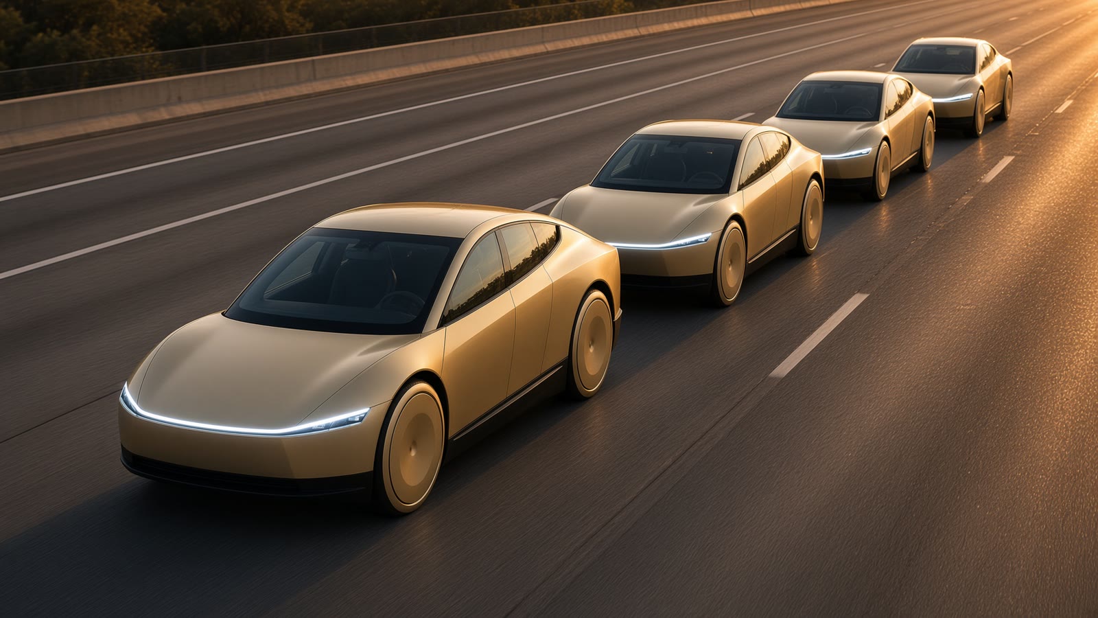 A line of champagne-gold Cybercabs on a Texas freeway at dusk