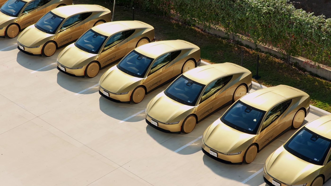 Gold Cybercabs serving Austin, each with a single front motor and no rear drive. Image: Tesla via @SawyerMerritt / X