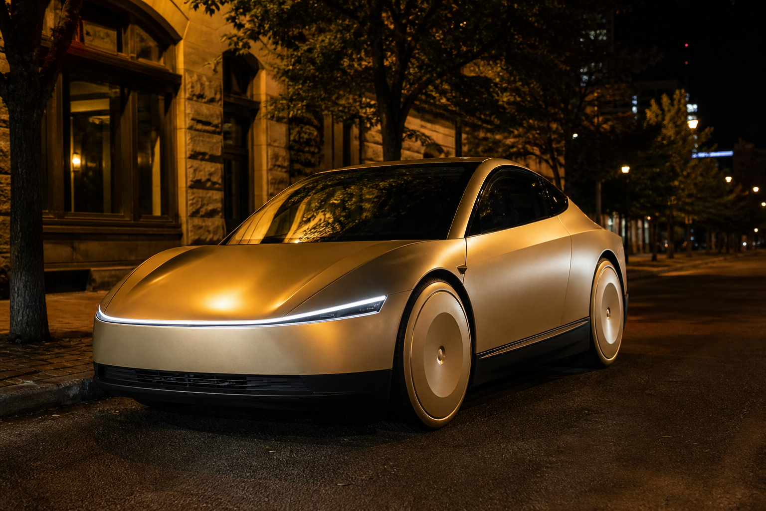 A champagne Cybercab parked at night on an Austin street under trees and warm streetlight
