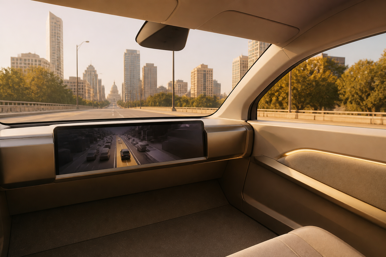 Cybercab cabin looking forward over an open floor and a wide screen, Austin skyline ahead