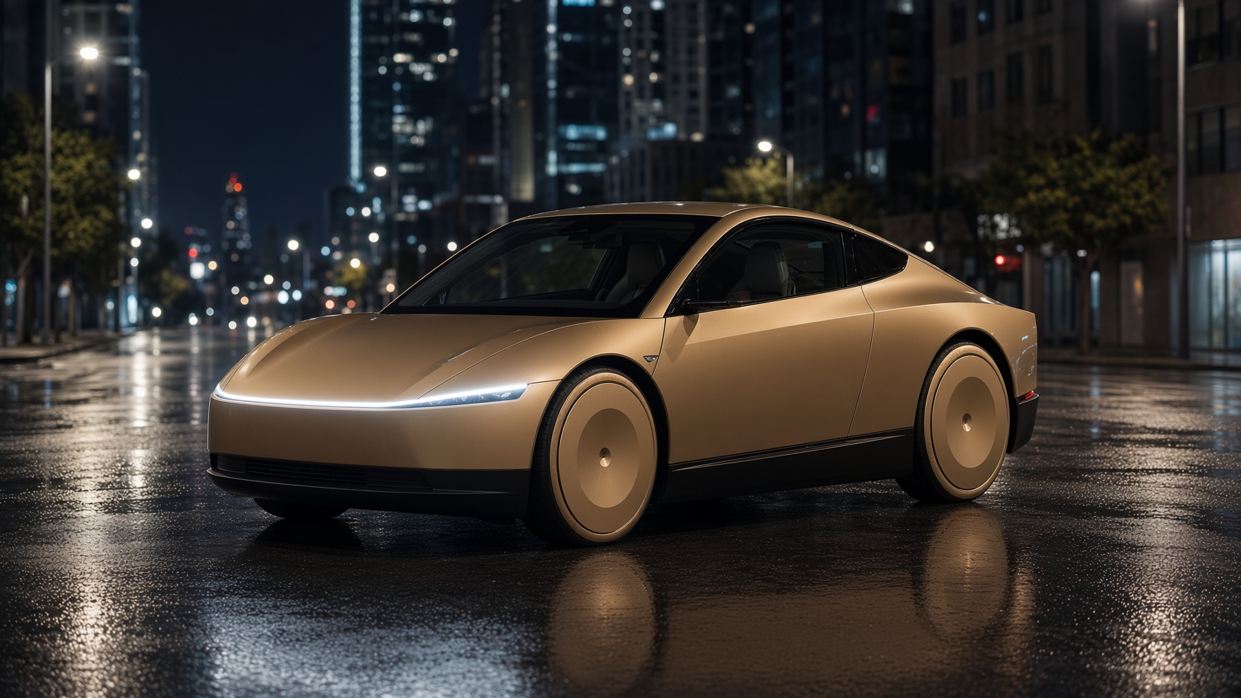 A champagne-gold Tesla Cybercab on a wet Austin street at night, lightbar glowing