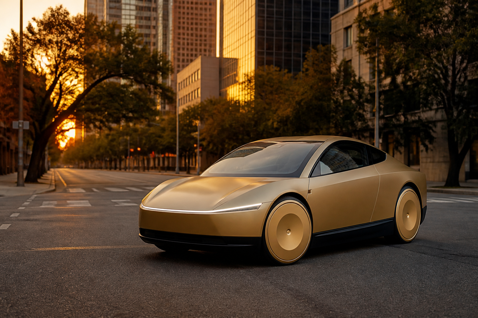 A gold Cybercab on an empty Austin street at sunset, downtown towers behind it