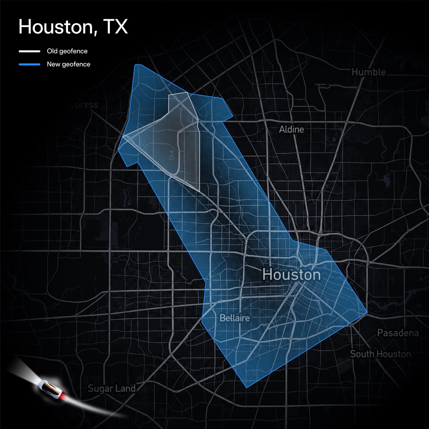 Tesla map of Houston showing the old Robotaxi geofence in the northwest and the much larger new geofence running through Downtown to Bellaire