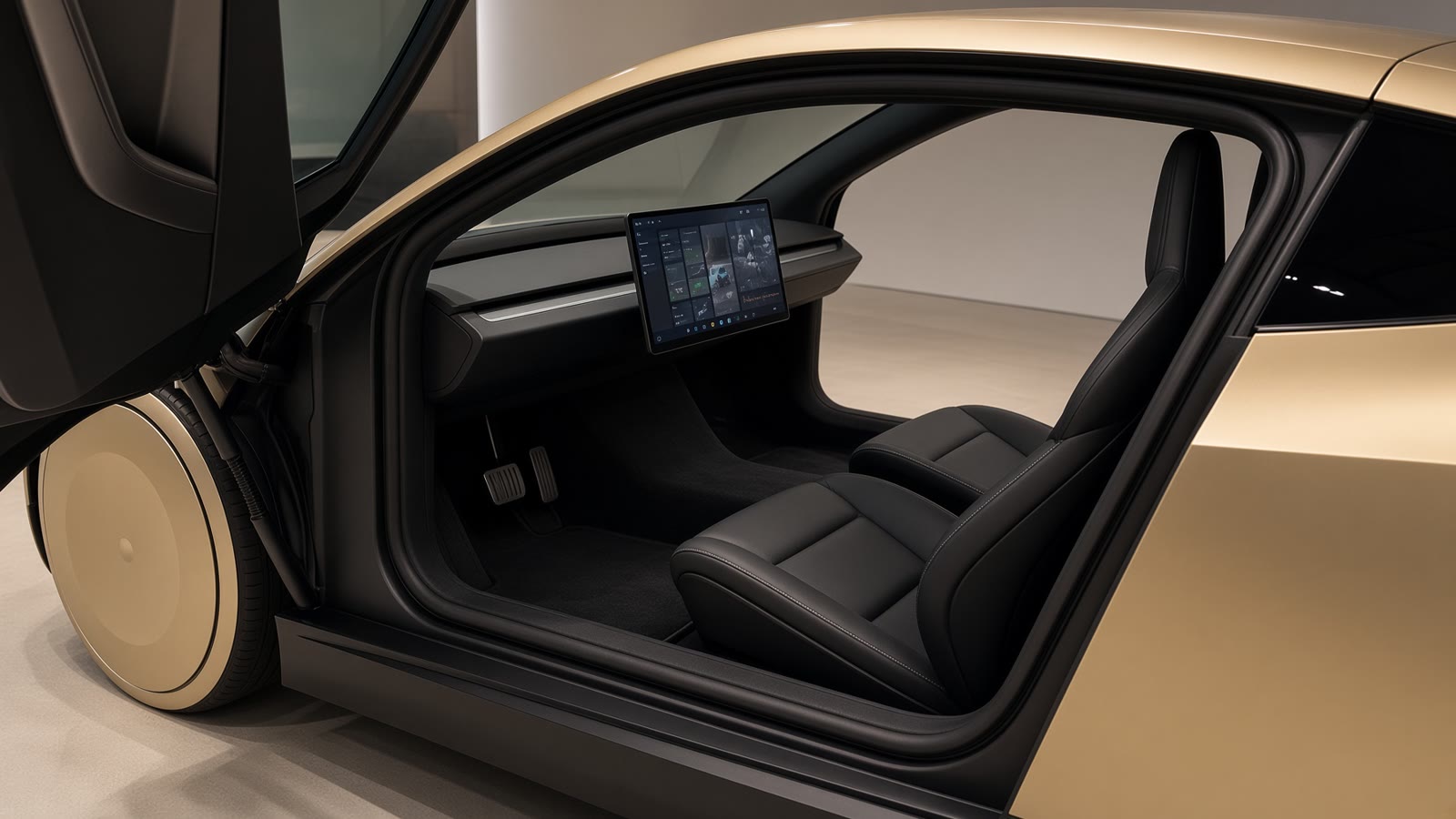 Cybercab cabin with a central landscape screen and no steering wheel