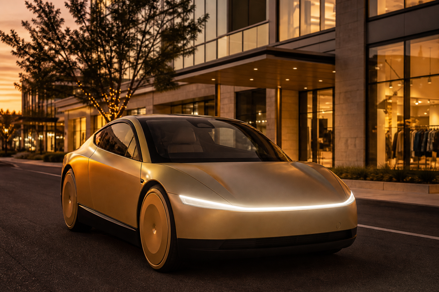A gold Cybercab on an empty downtown street at sunset, disc wheels and front lightbar, no headline text on the frame