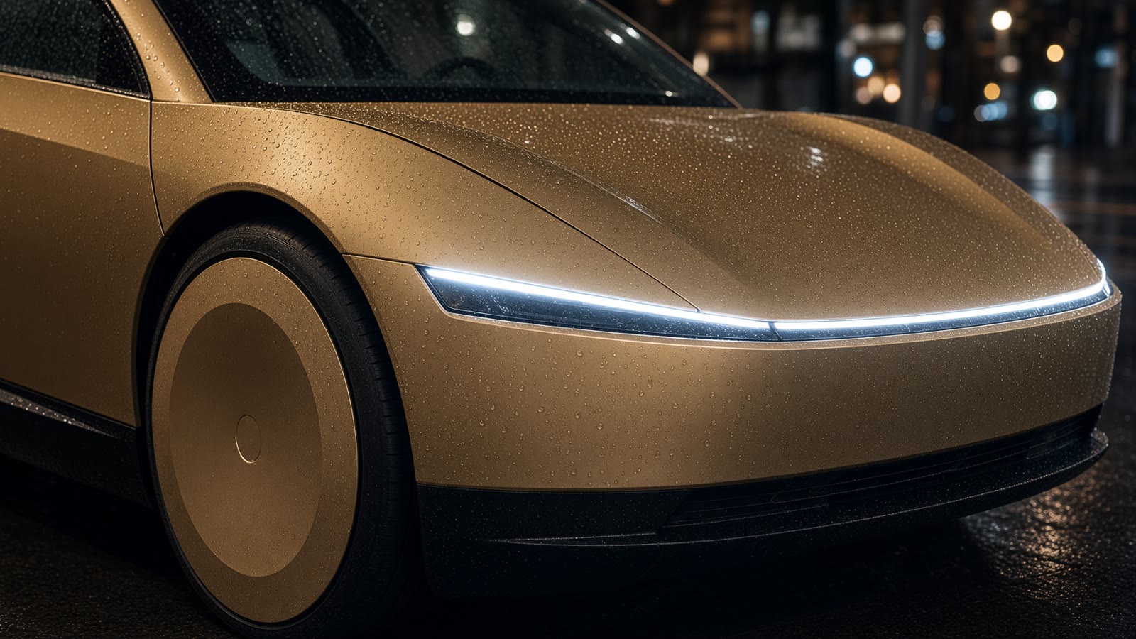 Close-up of the Cybercab’s champagne-gold hood and glowing full-width lightbar