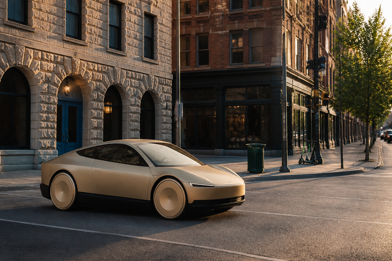 A champagne Cybercab on an Austin downtown street at amber dusk, brick storefronts and scooters on the corner
