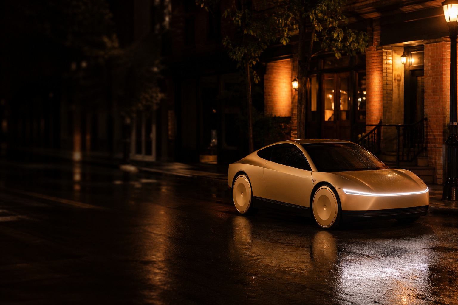 A gold Cybercab on a wet night street under brick storefronts and a lit lamp, front lightbar on, no headline text on the frame