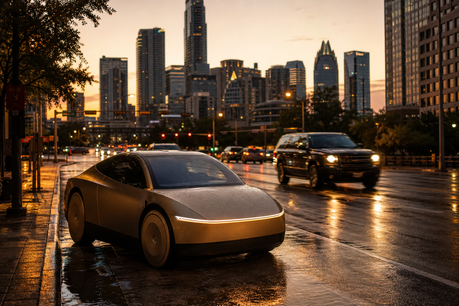 A champagne-gold Cybercab on a wet downtown Austin street at dusk, with the skyline and traffic behind it