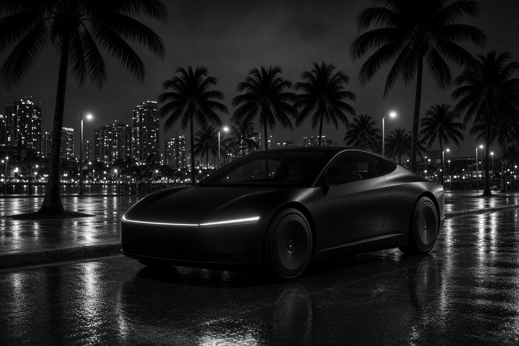 A Cybercab at a curb at night, wet pavement reflecting streetlights.