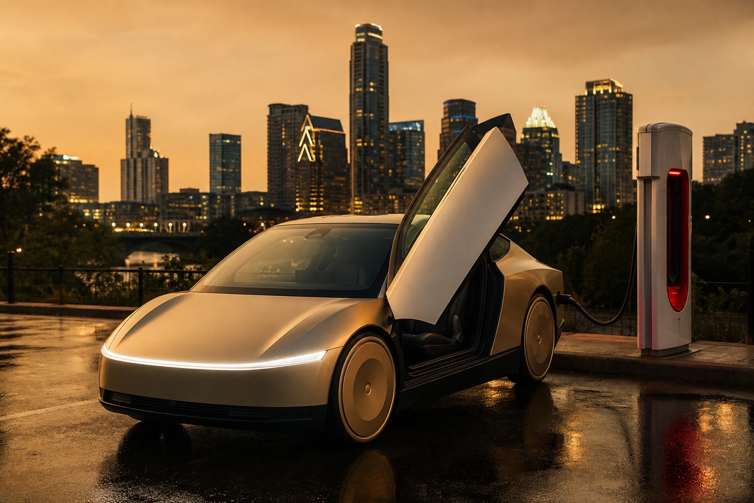 A gold Cybercab with butterfly doors open, plugged into a Supercharger on wet pavement, Austin skyline at sunset, no headline text on the frame