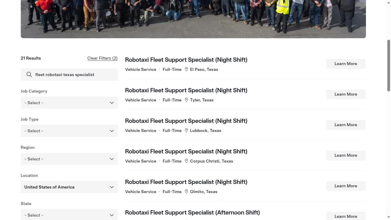 Robotaxi Fleet Support listings on Tesla's careers site. Screenshot via @teslayoda / X