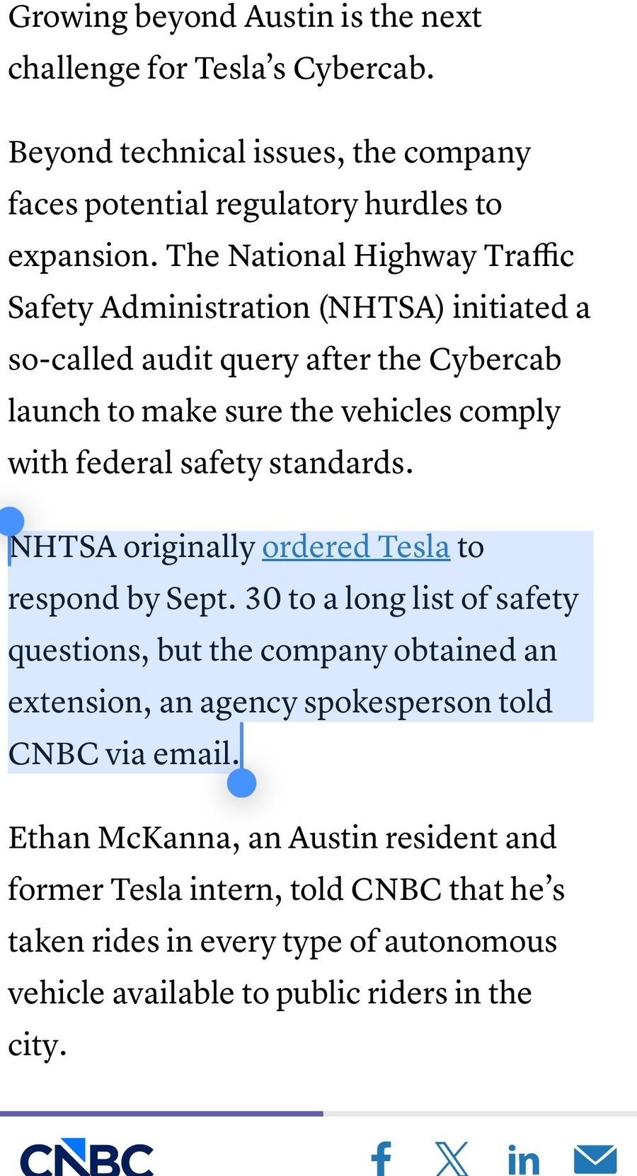 CNBC's report on the NHTSA extension. Screenshot via @RobotaxiRadar / X