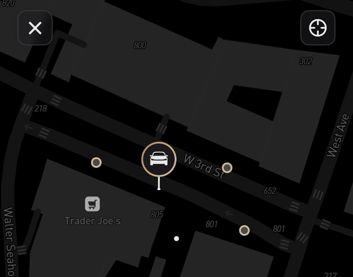 The updated Robotaxi app shows nearby pickup spots along West 3rd Street in downtown Austin, with the selected pin fixed to the curb. Image via @ethanmckanna / X