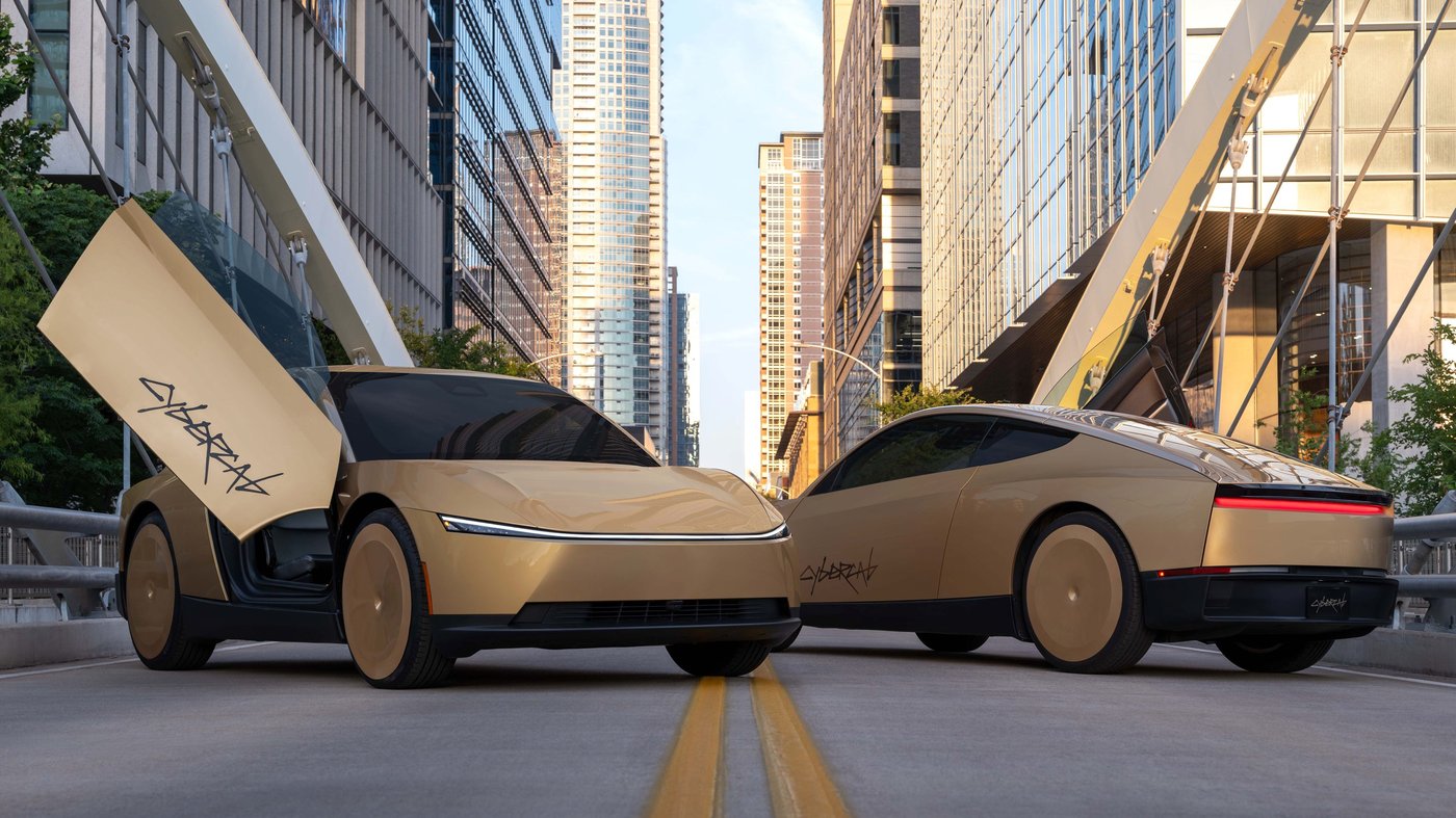 Two gold Tesla Cybercabs on a city street, one with its butterfly door raised