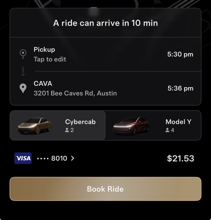 A Robotaxi app quote during Wednesday's afternoon rush in Austin: Cybercab, 10 minutes, $21.53. Image via @RobotaxiRadar / X