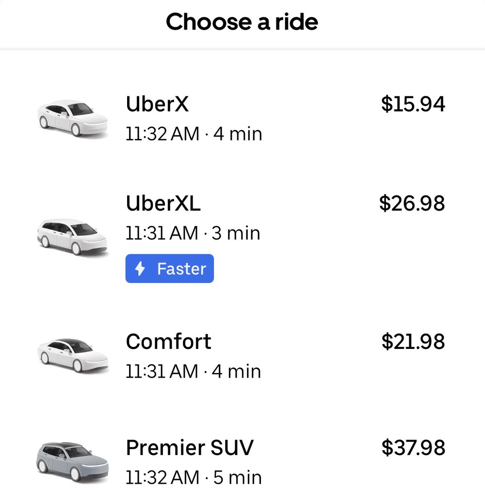 Uber's quotes for the same West Lake Hills trip on Wednesday. Screenshot via @tyler_warnecke / X